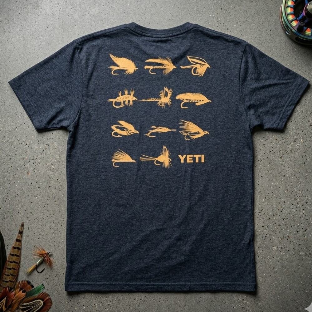 YETI Coolers Fly Fishing Graphic T-Shirt Men's Medium Navy Heather Blue Tee